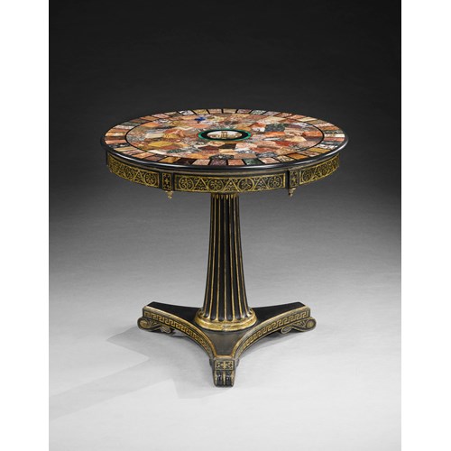 A Regency Period Gilt and Ebonised Centre Table with a specimen marble and micro-mosaic top